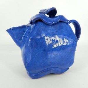 Hand Painted Pottery Teapot Tea Coffee Pot Carafe Lid Blue Stone Ware 9"
